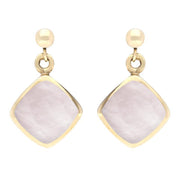 9ct Yellow Gold Pink Mother of Pearl Cushion Drop Earrings. E227. 