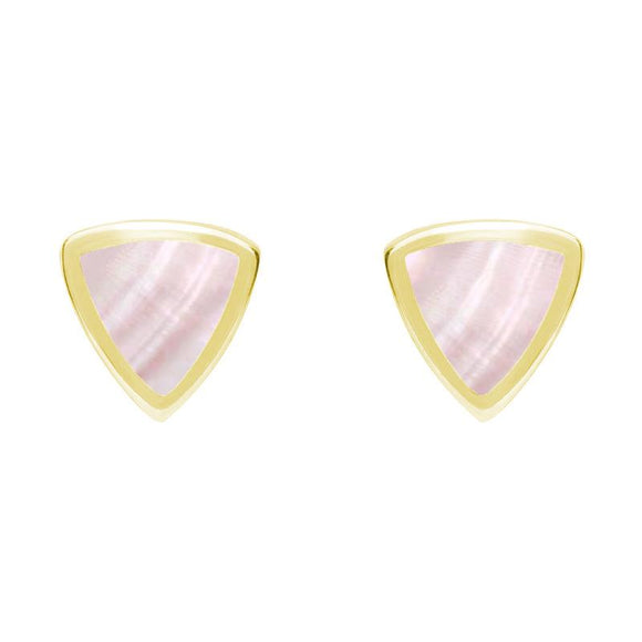 9ct Yellow Gold Pink Mother of Pearl Small Curved Triangle Stud Earrings. E061. 