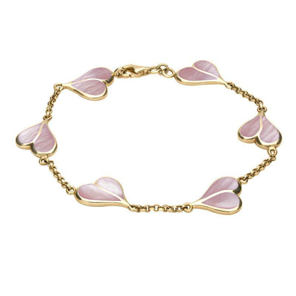 9ct Yellow Gold Pink Mother of Pearl Split Heart Bracelet. B360.
