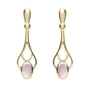 9ct Yellow Gold Pink Mother of Pearl Spoon Drop Earrings. E138.