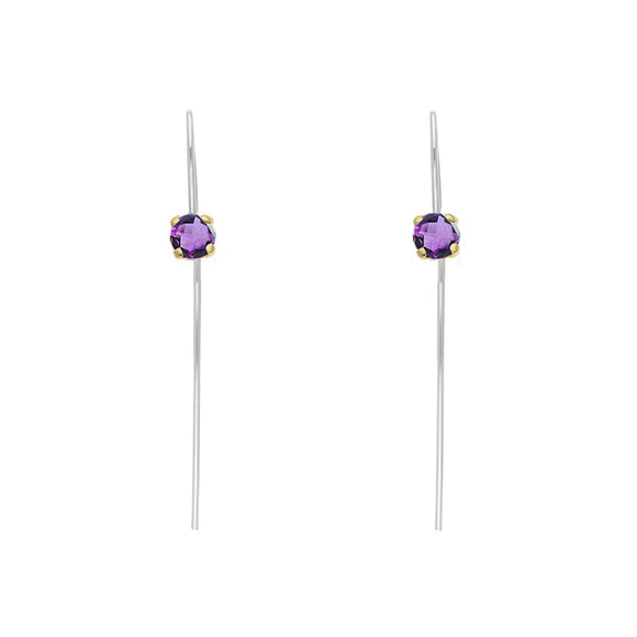 9ct Yellow Gold Sterling Silver Amethyst Stepping Stones 5mm Round Claw Set Hook Earrings