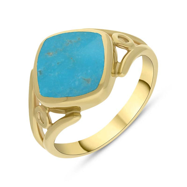 Oval Cabochon Turquoise Hand Engraved Ring 22K Yellow Gold