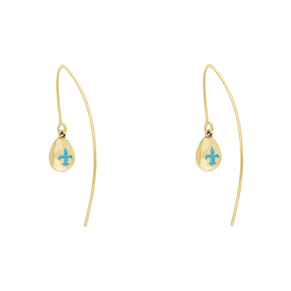 9ct Yellow Gold Turquoise Fleur De Lis Disc Drop Earrings, E1373.