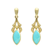 9ct Yellow Gold Turquoise Marquise Drop Earrings. E075.