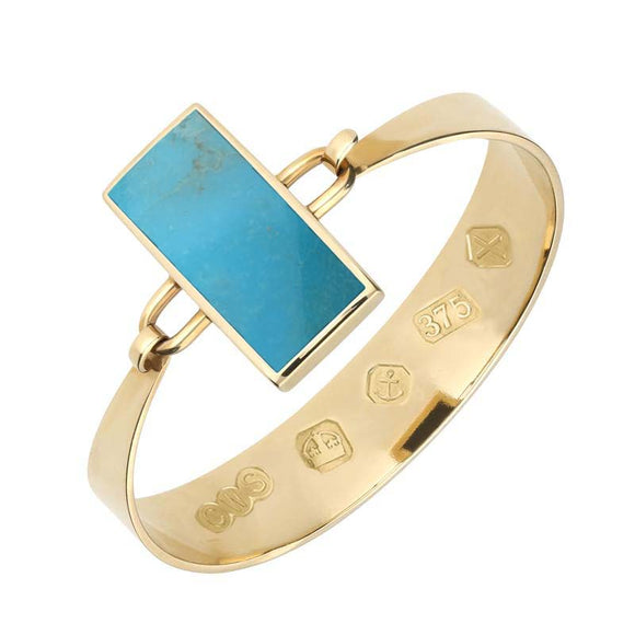 9ct Yellow Gold Turquoise Oblong Stone Heavy Bangle, B031