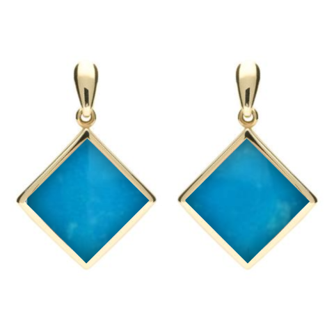 9ct Yellow Gold Turquoise Rhombus Drop Earrings. E078.
