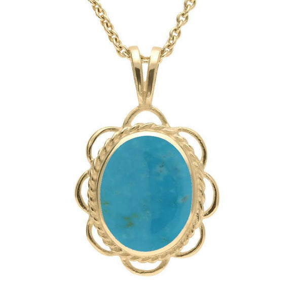 9ct Yellow Gold Turquoise Rope Edged Oval Frill Necklace, P037