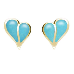 9ct Yellow Gold Turquoise Split Heart Stud Earrings. E364.