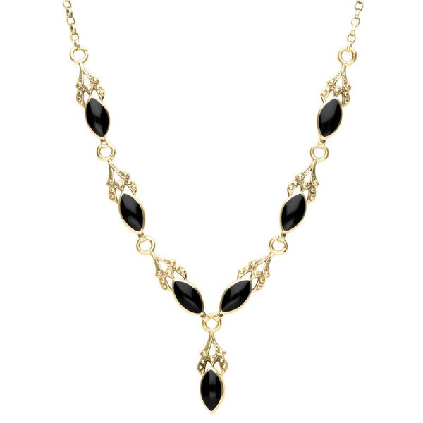 9ct Yellow Gold Whitby Jet Seven Stone Marquise Necklace. N159.