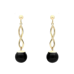 9ct Yellow Gold Whitby Jet 8mm Bead Twist Drop Earrings. E1481.