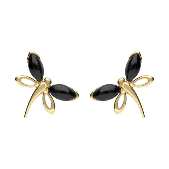 9ct Yellow Gold Whitby Jet Butterfly Stud Earrings E1898.