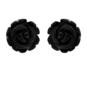 9ct Yellow Gold Whitby Jet Carved Large Rose Stud Earrings E2150