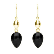 9ct Yellow Gold Whitby Jet Carved Pear Bead Drop Hook Earrings E1530