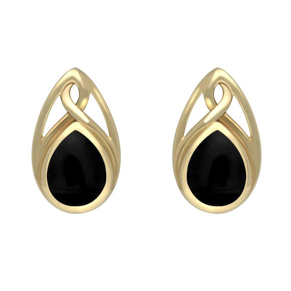 9ct Yellow Gold Whitby Jet Celtic Twist Drop Stud Earrings E973