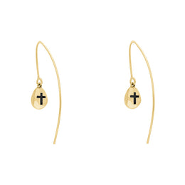 9ct Yellow Gold Whitby Jet Cross Disc Drop Earrings, E1374.
