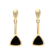 9ct Yellow Gold Whitby Jet Curved Triangle Drop Earrings. E032.