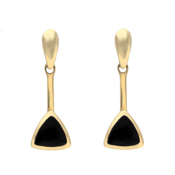 9ct Yellow Gold Whitby Jet Curved Triangle Drop Earrings. E032.