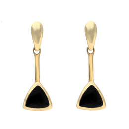 9ct Yellow Gold Whitby Jet Curved Triangle Drop Earrings. E032.