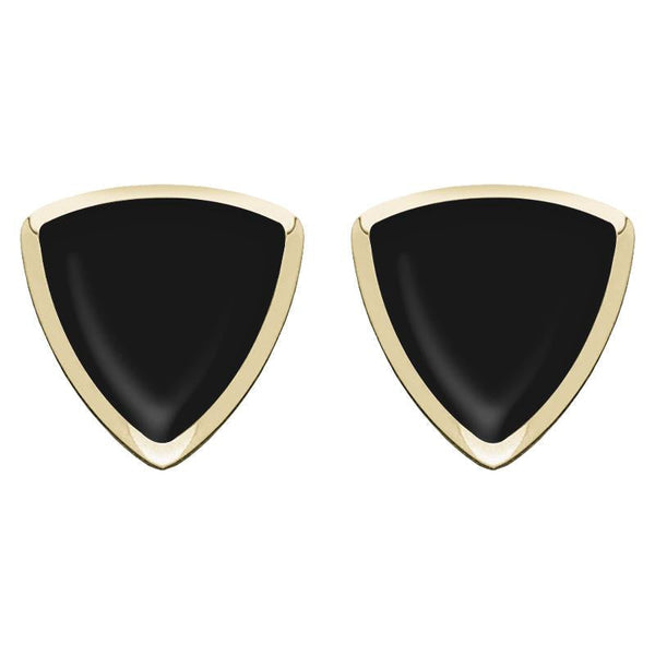 9ct Yellow Gold Whitby Jet Curved Triangle Stud Earrings. E203.