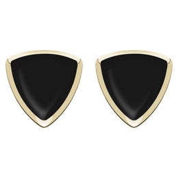 9ct Yellow Gold Whitby Jet Curved Triangle Stud Earrings. E203.