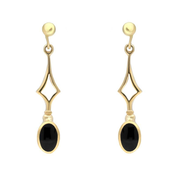 9ct Yellow Gold Whitby Jet Diamond Shape Oval Drop Earrings. E143.