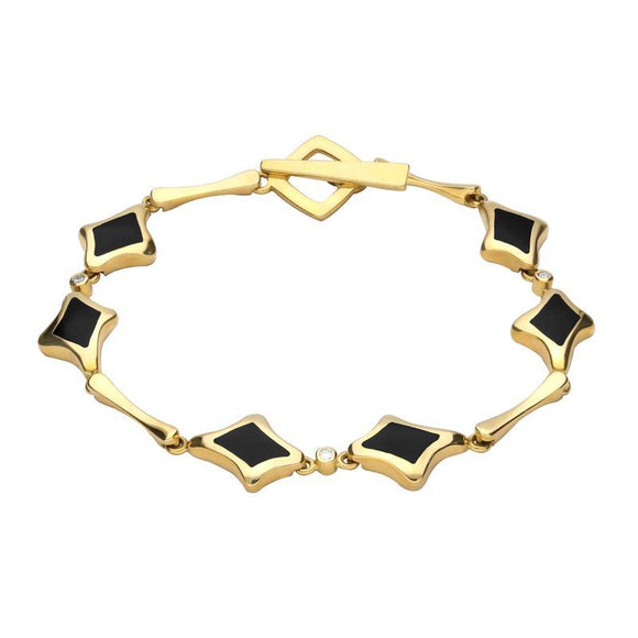 9ct Yellow Gold Whitby Jet Diamond Square Freeform Bracelet. B522.