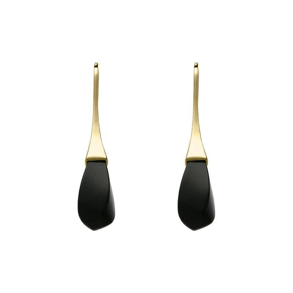 9ct Yellow Gold Whitby Jet Drop Hook Earrings, E2439.