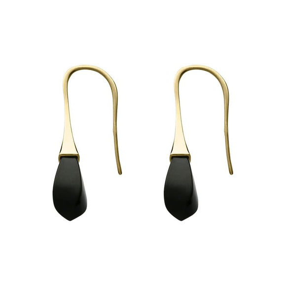 9ct Yellow Gold Whitby Jet Drop Hook Earrings, E2439.