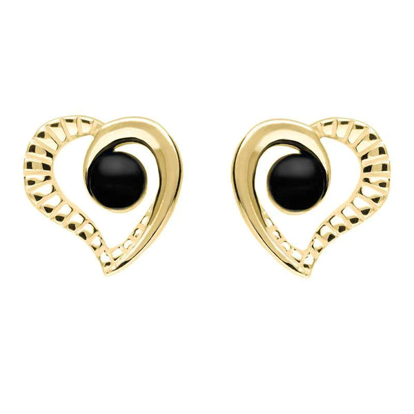 9ct Yellow Gold Whitby Jet Half Ridged Heart Stud Earrings. E1908. 