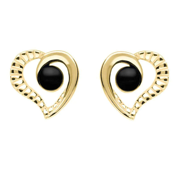 9ct Yellow Gold Whitby Jet Half Ridged Heart Stud Earrings. E1908. 