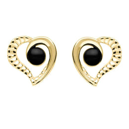 9ct Yellow Gold Whitby Jet Half Ridged Heart Stud Earrings. E1908. 