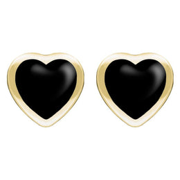 9ct Yellow Gold Whitby Jet Large Framed Heart Stud Earrings. E433.