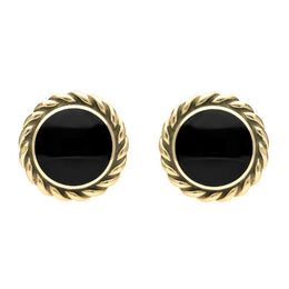 9ct Yellow Gold Whitby Jet Large Rope Edge Round Stud Earrings E115