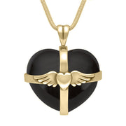 9ct Yellow Gold Whitby Jet Large Winged Cross Heart Necklace. P1857.