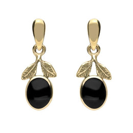 9ct Yellow Gold Whitby Jet Leaf Drop Earrings E025