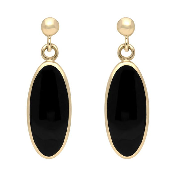 9ct Yellow Gold Whitby Jet Light Long Oval Drop Earrings E146