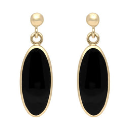 9ct Yellow Gold Whitby Jet Light Long Oval Drop Earrings E146