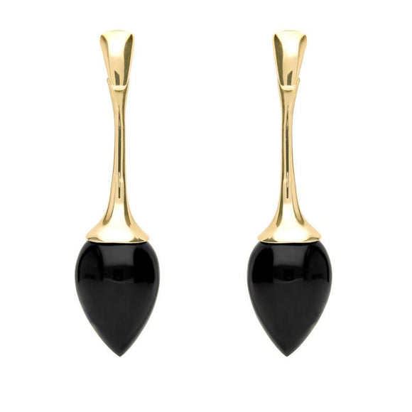 9ct Yellow Gold Whitby Jet Long Flute Pear Drop Earrings E1461
