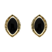 9ct Yellow Gold Whitby Jet Marquise Beaded Edge Stud Earrings. E136. 