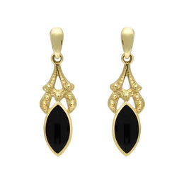 9ct Yellow Gold Whitby Jet Marquise Drop Earrings. E075.