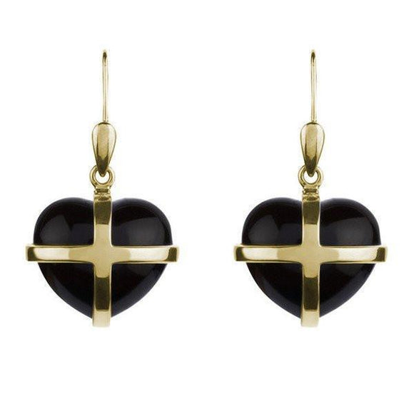 9ct Yellow Gold Whitby Jet Cross Heart Drop Earrings E1288