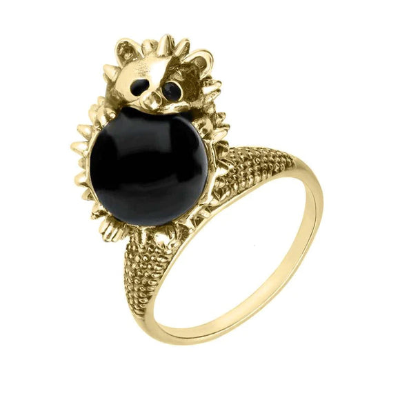 9ct Yellow Gold Whitby Jet Medium Hedgehog Ring R1163
