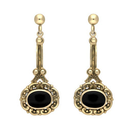9ct Yellow Gold Whitby Jet Ornate Antique Oval Drop Earrings. E053. 