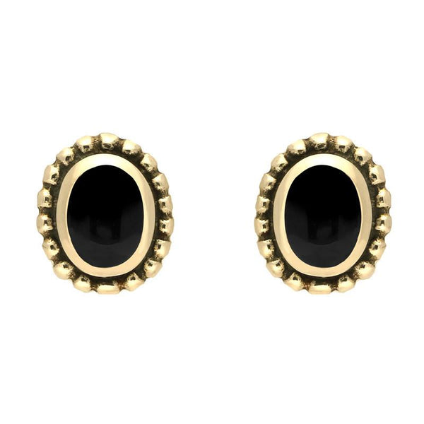 9ct Yellow Gold Whitby Jet Oval Bobble Edge Stud Earrings. E135. 