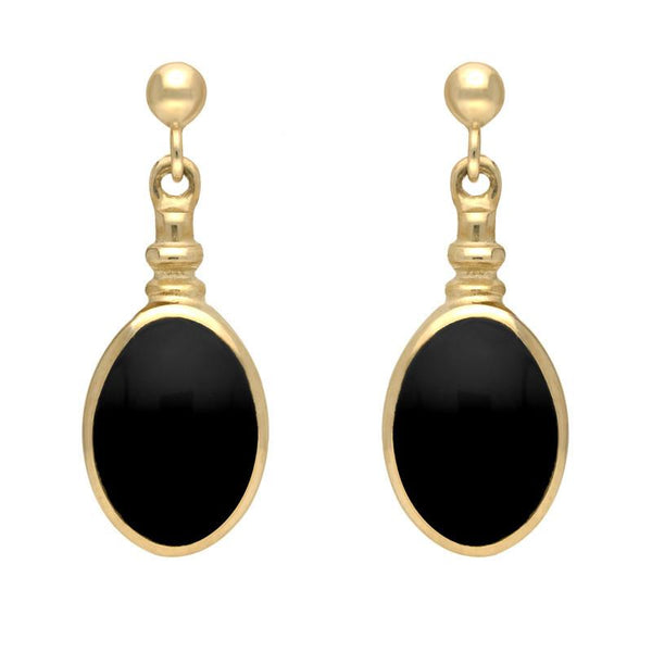 9ct Yellow Gold Whitby Jet Oval Bottletop Drop Earrings E056