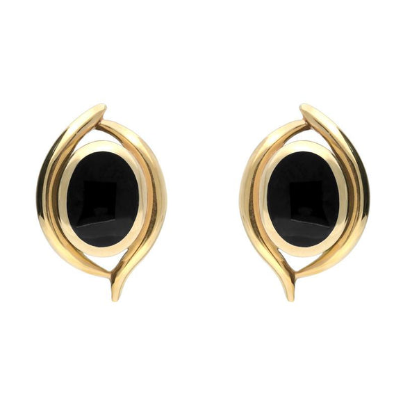9ct Yellow Gold Whitby Jet Oval Double Fleur Stud Earrings. E300.