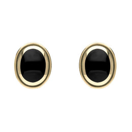 9ct Yellow Gold Whitby Jet Oval Framed Edge Stud Earrings. E178