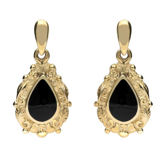 9ct Yellow Gold Whitby Jet Pear Shaped Leaf Drop Earrings E083