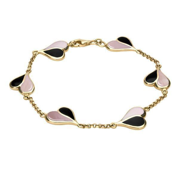 9ct Yellow Gold Whitby Jet Pink Mother of Pearl Split Heart Bracelet. B360.