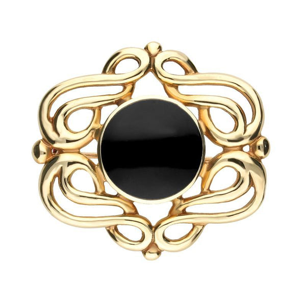 9ct Yellow Gold Whitby Jet Round Fancy Brooch. M114.